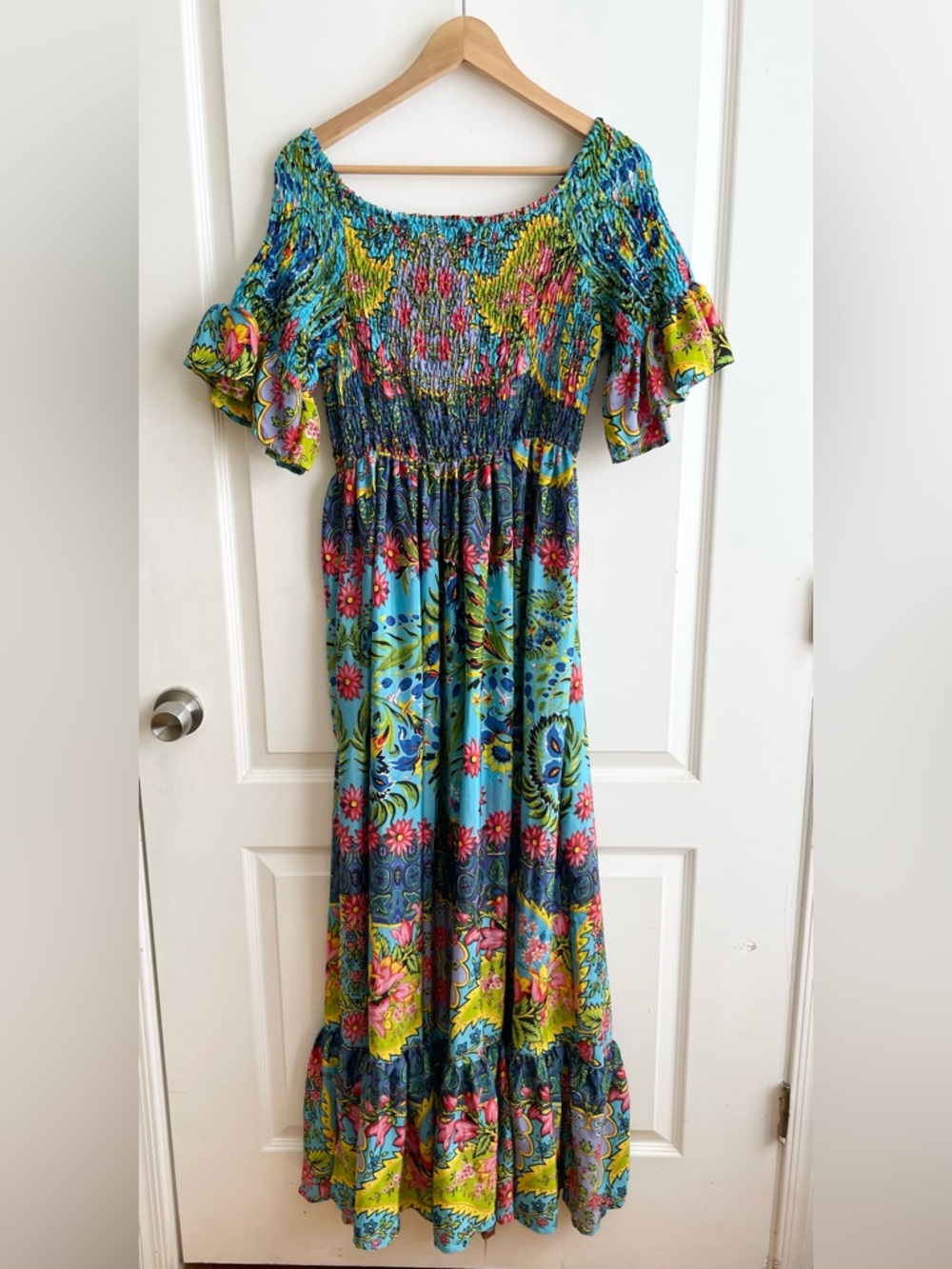 Antica Sartoria Floral Smocked Beaded Long Dress O/S Ruffle Colorful Italy Euro - Picture 2 of 9